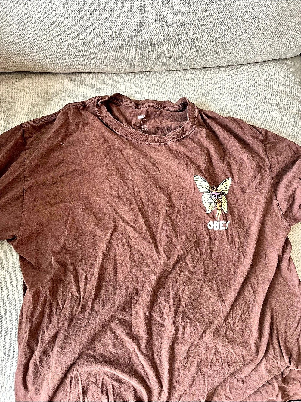 Obey Flower Angel T-Shirt Graphic Short Sleeve Brown Large